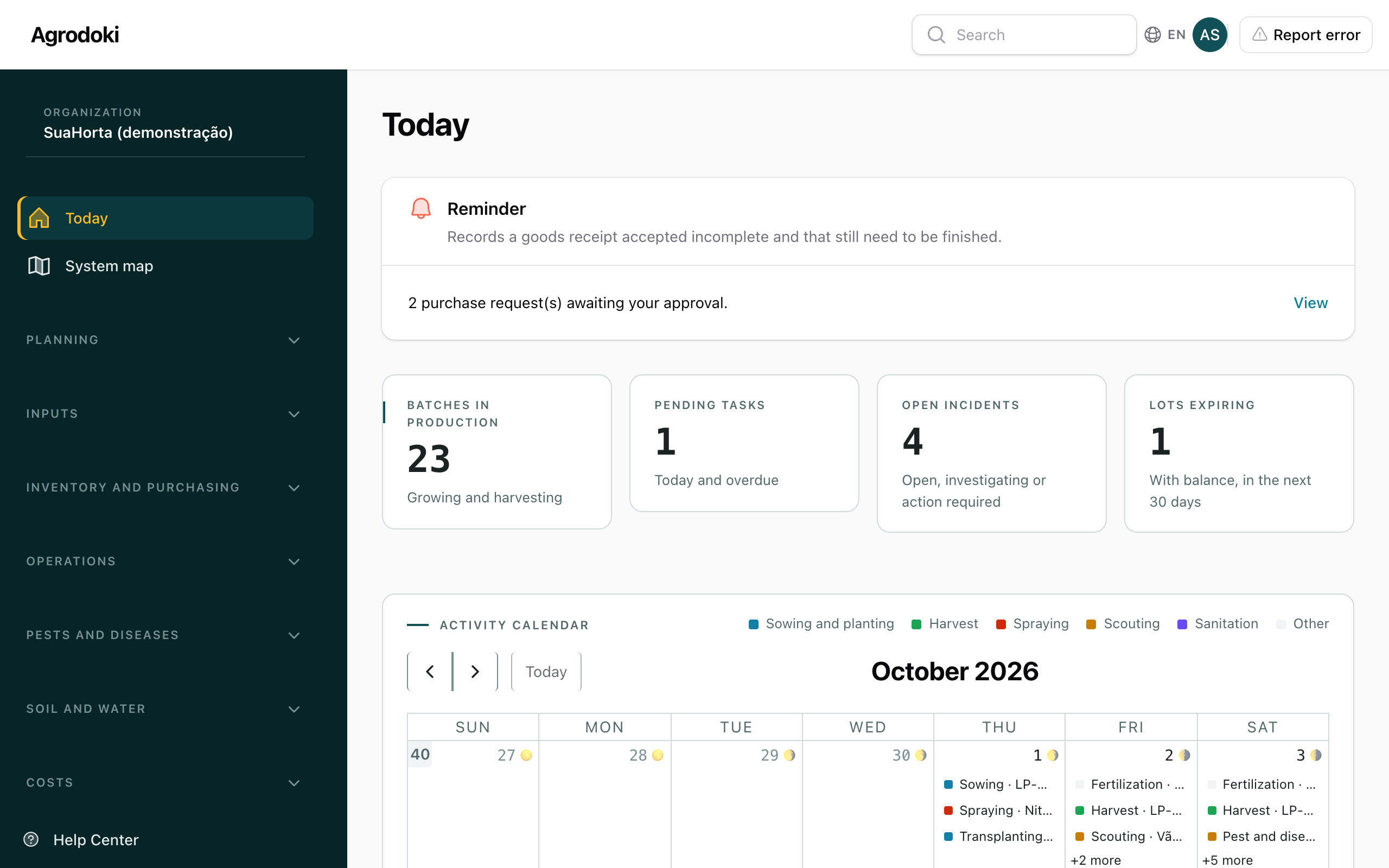 AgroDoki Today screen showing priorities, tasks for the day and batches in production (demo data)